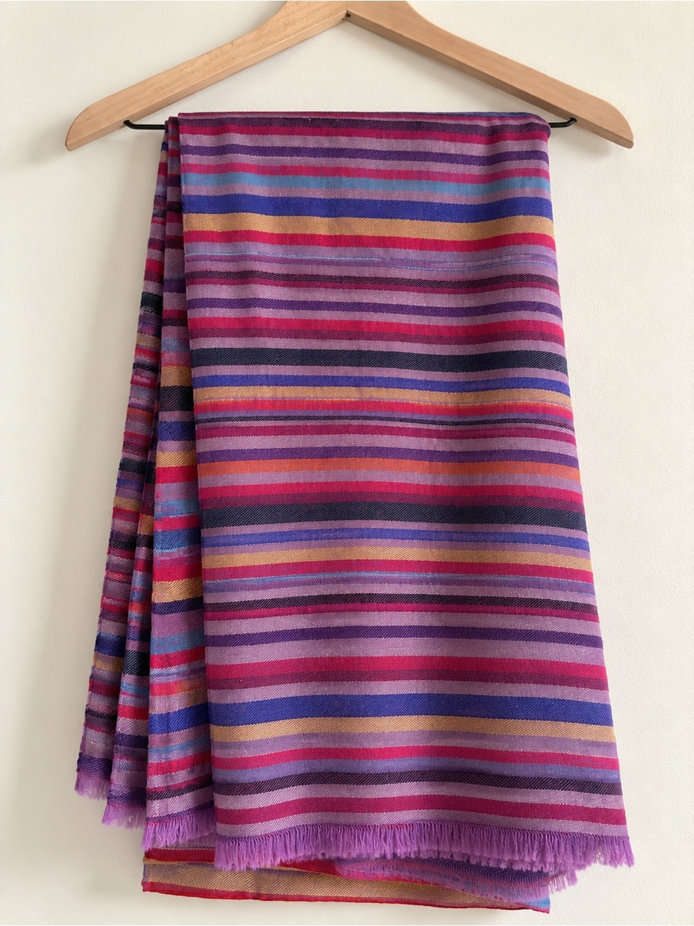 Indian Multicolor Striped Woven Scarf Purple Pink Blue Fringe